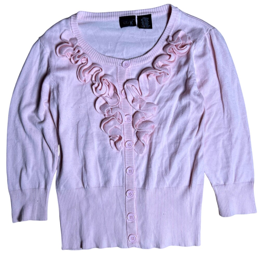SPEAK Cardigan Womens L Pink Ruffle Button Puff Sleeve Knit Lightweight